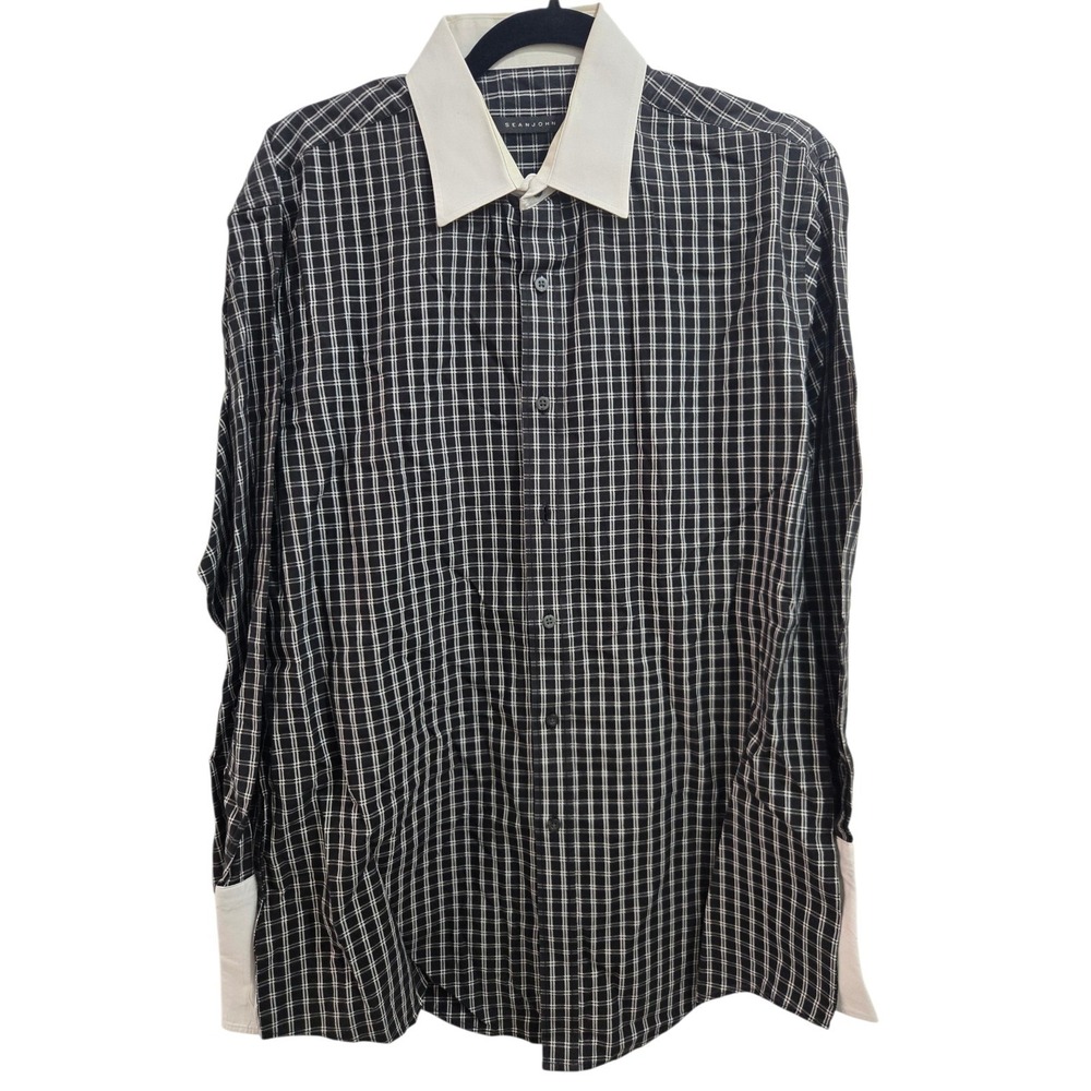 Sean John Men's Dress Shirt 16.5 32/33 Black White Grid Plaid Contrast Collar